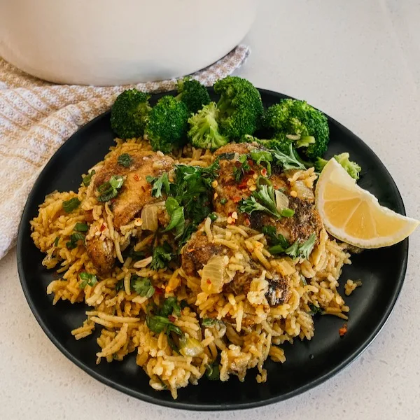 One Pot Crispy Chicken Thighs & Rice