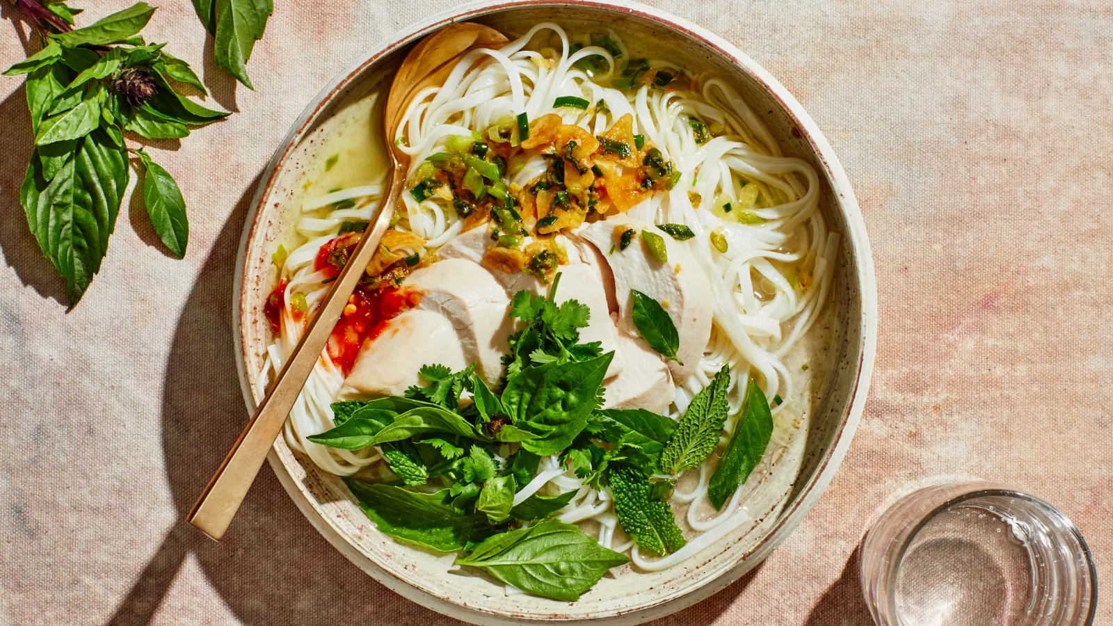 Chicken Soup With Rice Noodles and Scallion Crisp