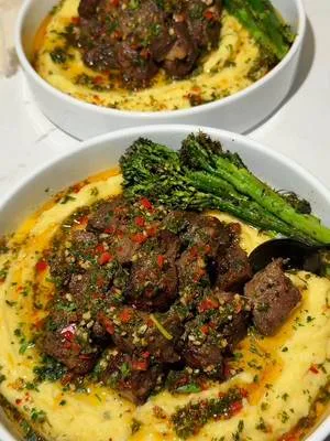 Garlic Butter Chimichurri Steak Bites with Garlic Parmesan Mashed Potatoes