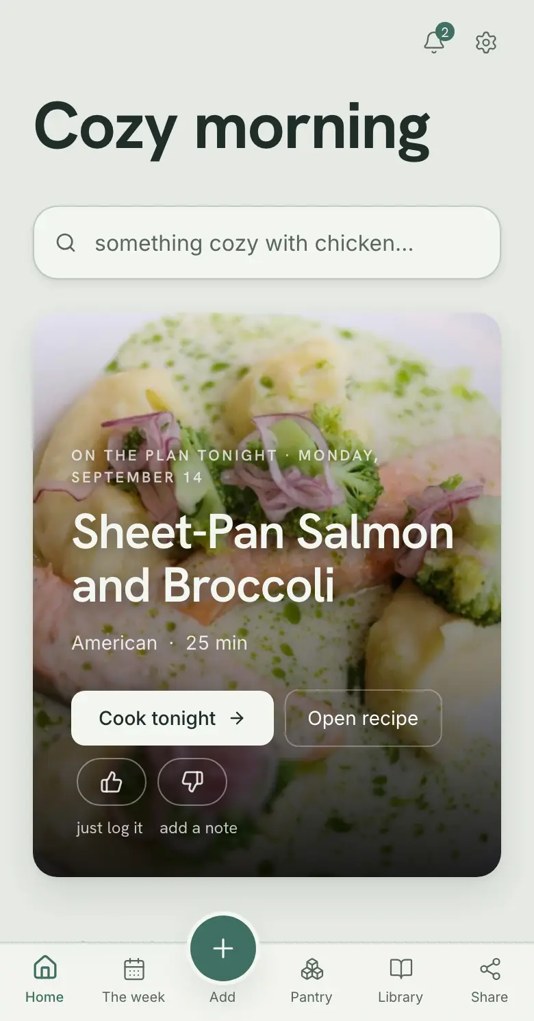 The app's home screen, showing tonight's suggestion