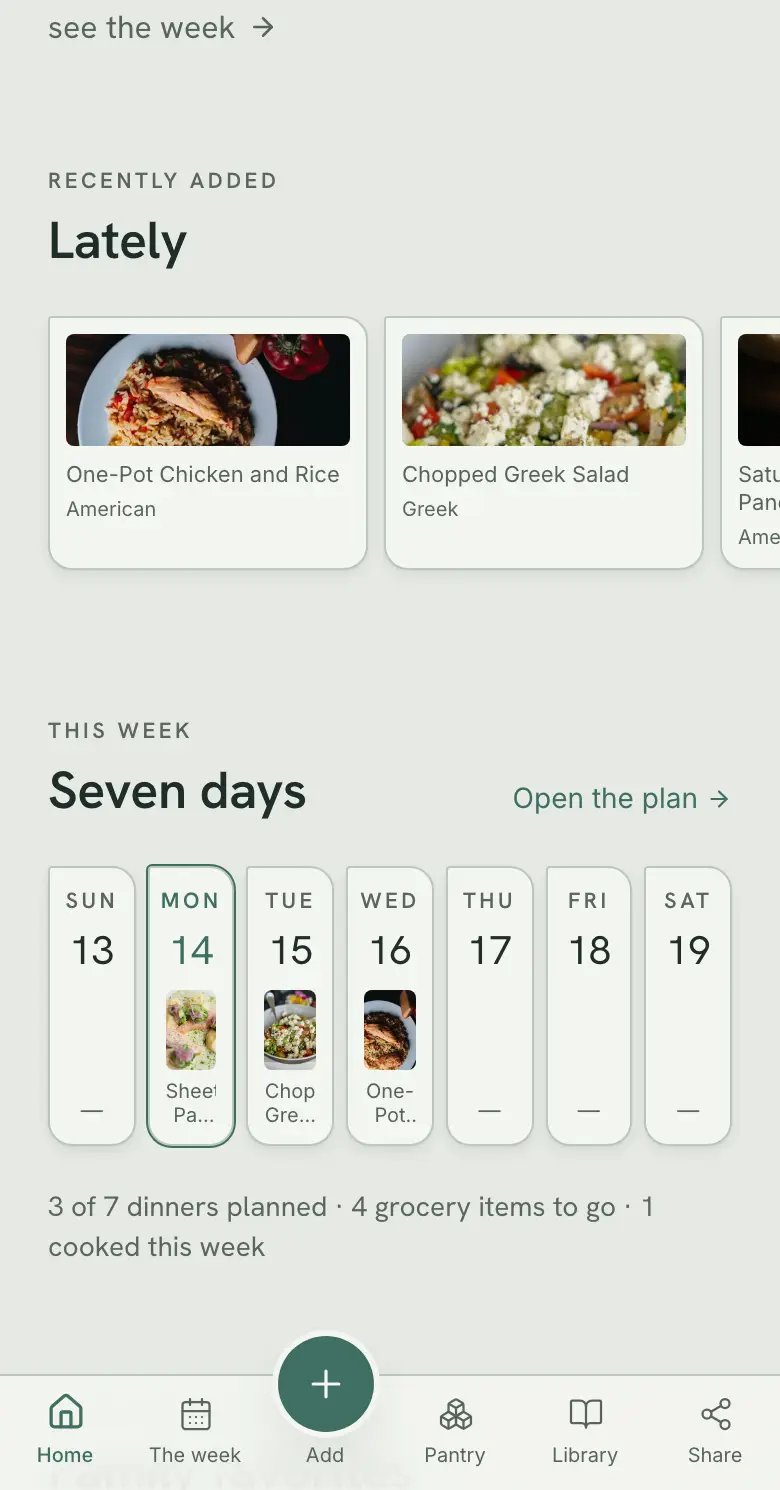 The home screen's seven-day strip, showing what was cooked this week