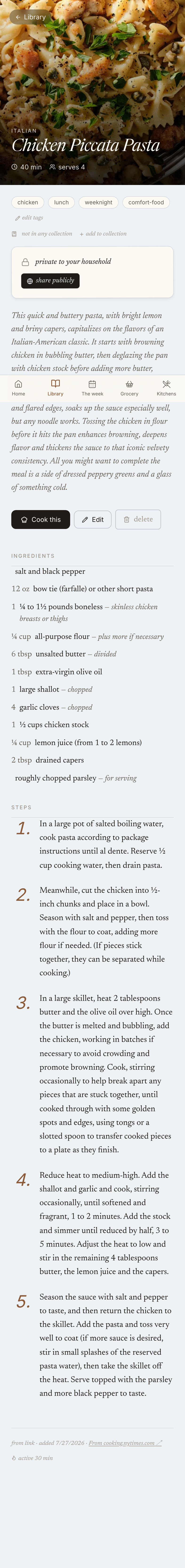 A recipe page in Allison's Kitchen — serif title, photo, and ingredients