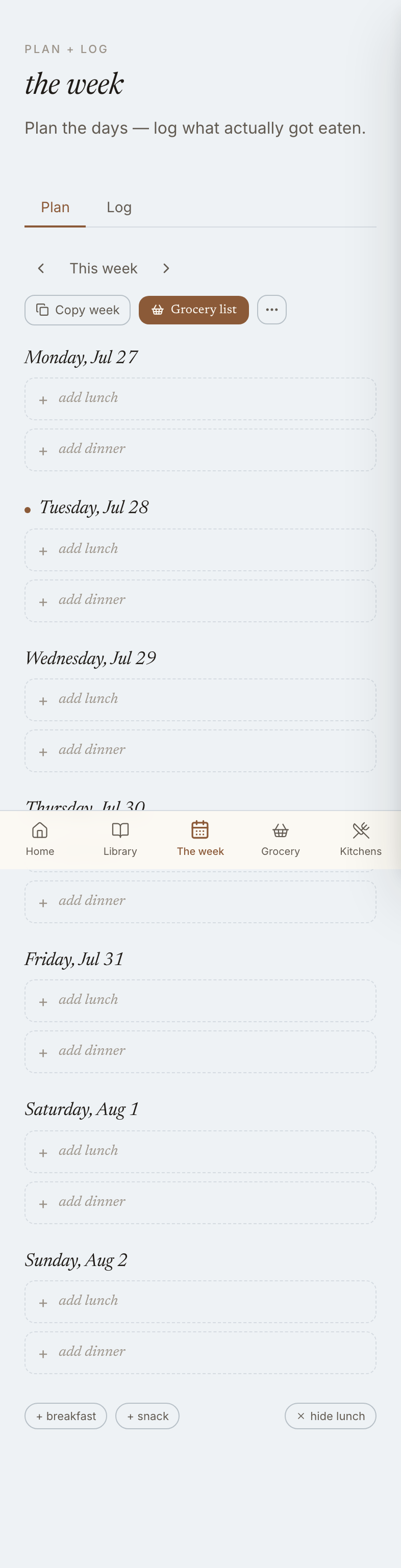 A week plan in Allison's Kitchen — dinners, leftovers, and takeout nights
